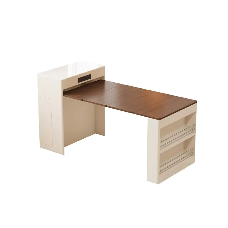 Cream Modern Retractable Folding Island Dining Table Set With Multi Function Chair And Plywood Cabinet For Small Families