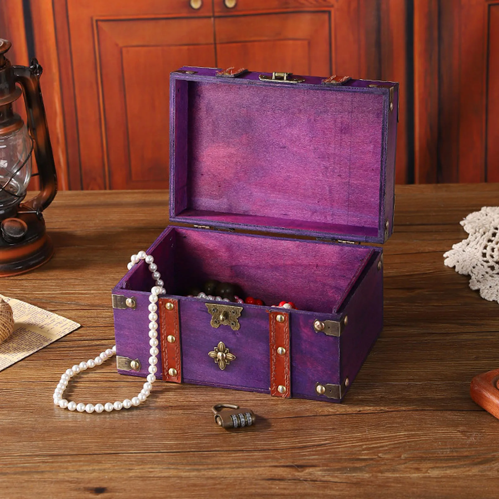 

Vintage Wooden Treasure Chest Box Small Rectangle Antique Wood Jewelry Box Handmade Rectangle Space Saving Decorative for Home