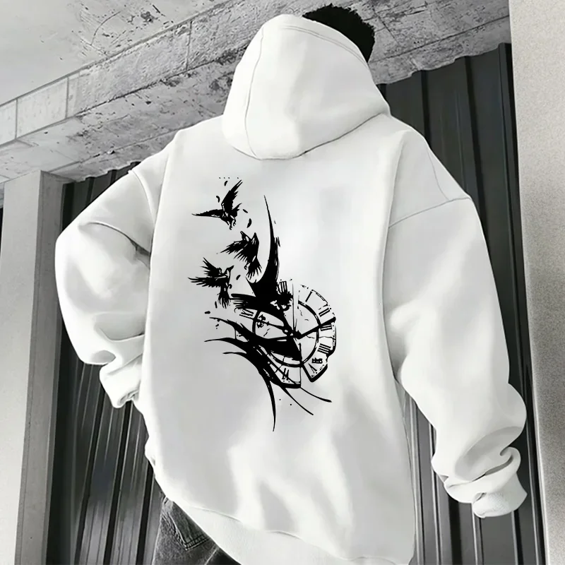 Retro Clock Raven Print Hoodie Autumn Winter Daily Casual Sport Hooded Sweatshirt Male Fashion Pullover Streetwear Oversize Coat
