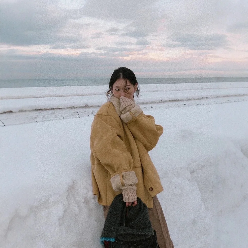 

Stugioboy25 Winter Suede Snowflake Fce Collar Fur Inteated Coat Women's Casual Sle Long Sve Thiened Outerwear