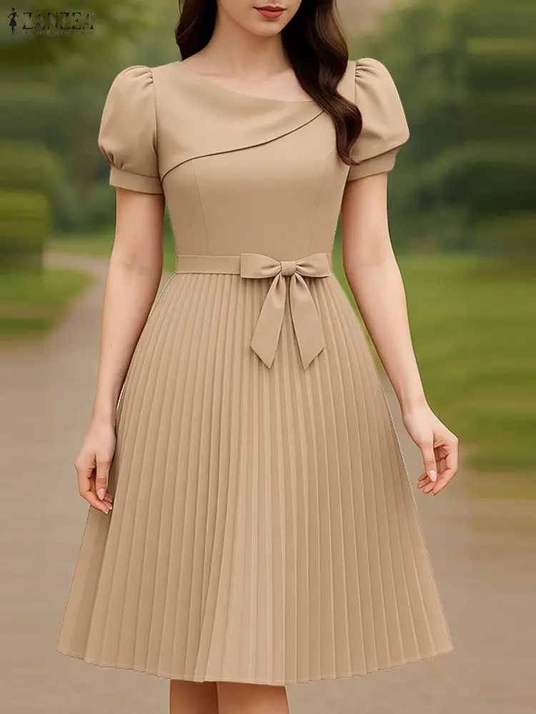 ZANZEA Elegante Frauen OL Arbeit Kleider 2025, Sommer Kleid Square Neck Solide Plissee Sommerkleid Midi Robe Puff Sleeve Party Vestidos