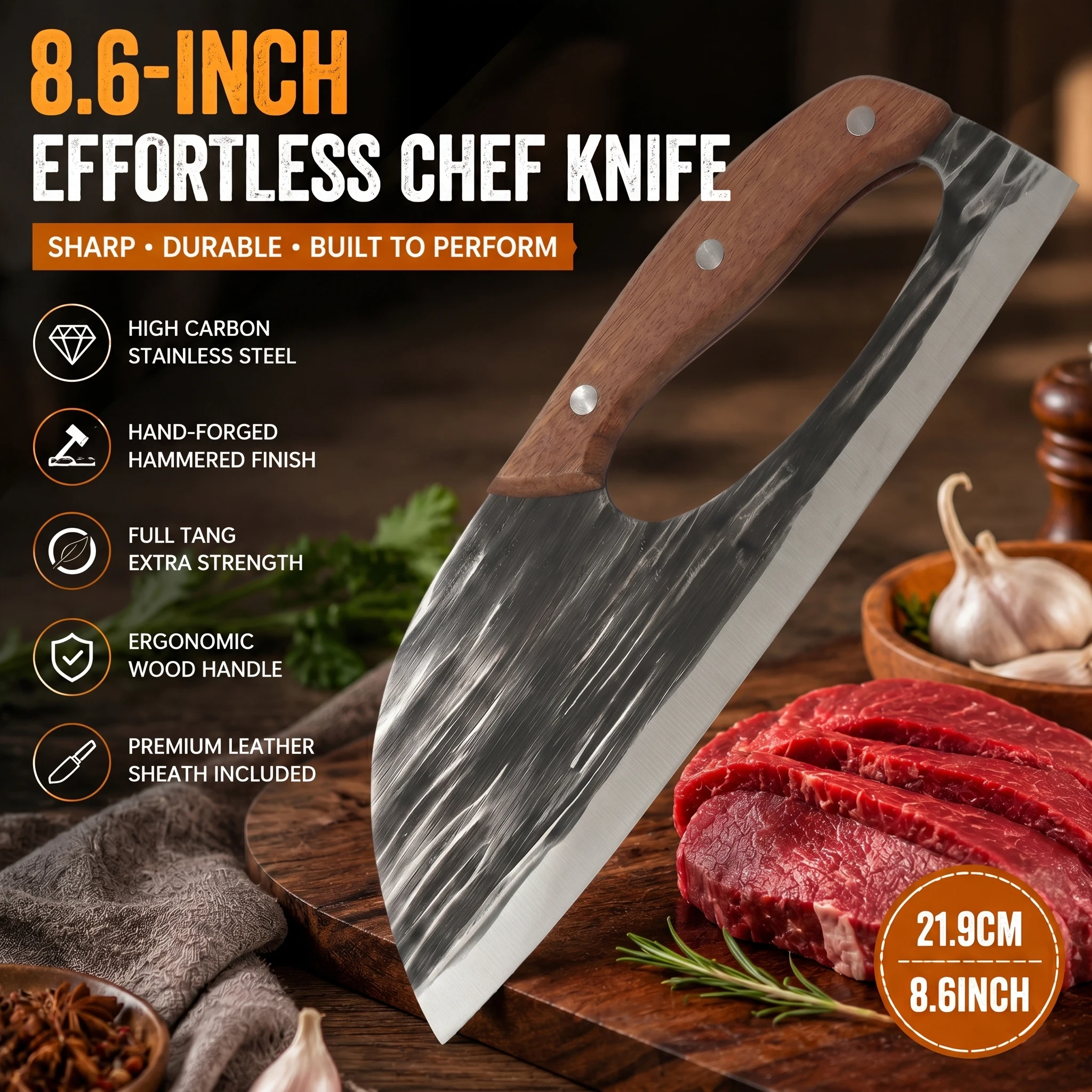 Multi-Purpose Kitchen Chef Knife for Meat &Veg High-End Stainless Steel Chopping Knife with Ergonomic Wood Handle&Control Hole