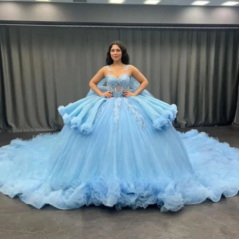 Amazing Blue Ruched Train 15 Year Quinceanera Dresses Ball Gown Ruffles Bow Beads Applique 2025 Birthday Luxury Dress Customized