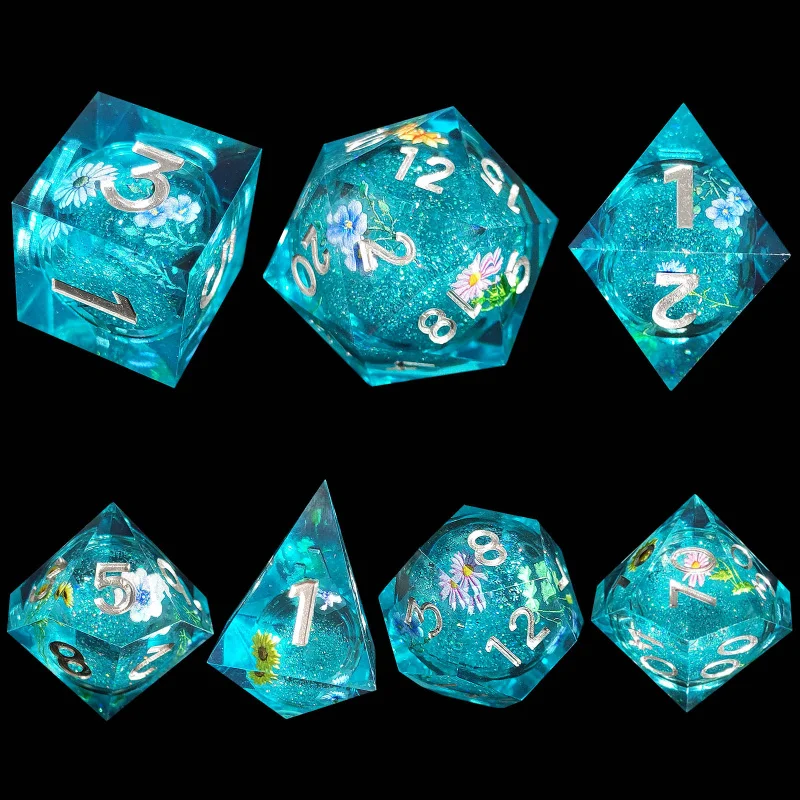 

7PCS Sharp Edge Resin Polyhedral Dice Set D4 D6 D8 D10 D12 D20 Transparent Liquid Core Quicksand DND RPG Dungeon and Dragon Gift
