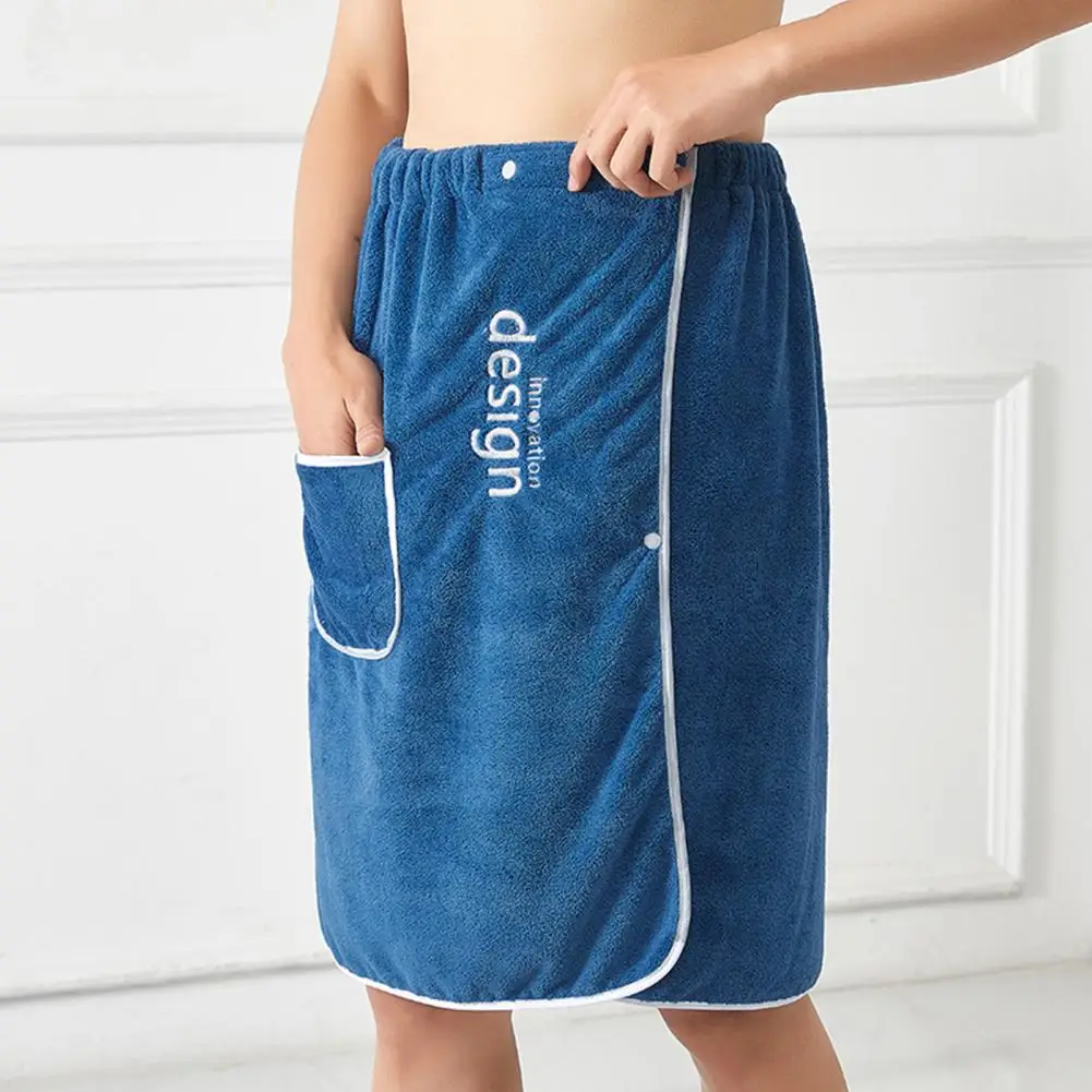 

Men Bath Towel Bathhouse Shower Elastic Waistband Bathing Towel with Pocket Beach Home Bathing Skirt Coral Fleece Bath Skirt