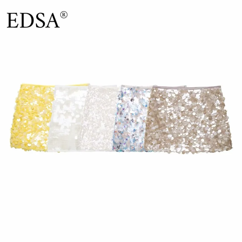 Edsa mulheres sexy lantejoulas mini saia para festa magro hip pacote feminino saias curtas verão high street club brilhando senhora