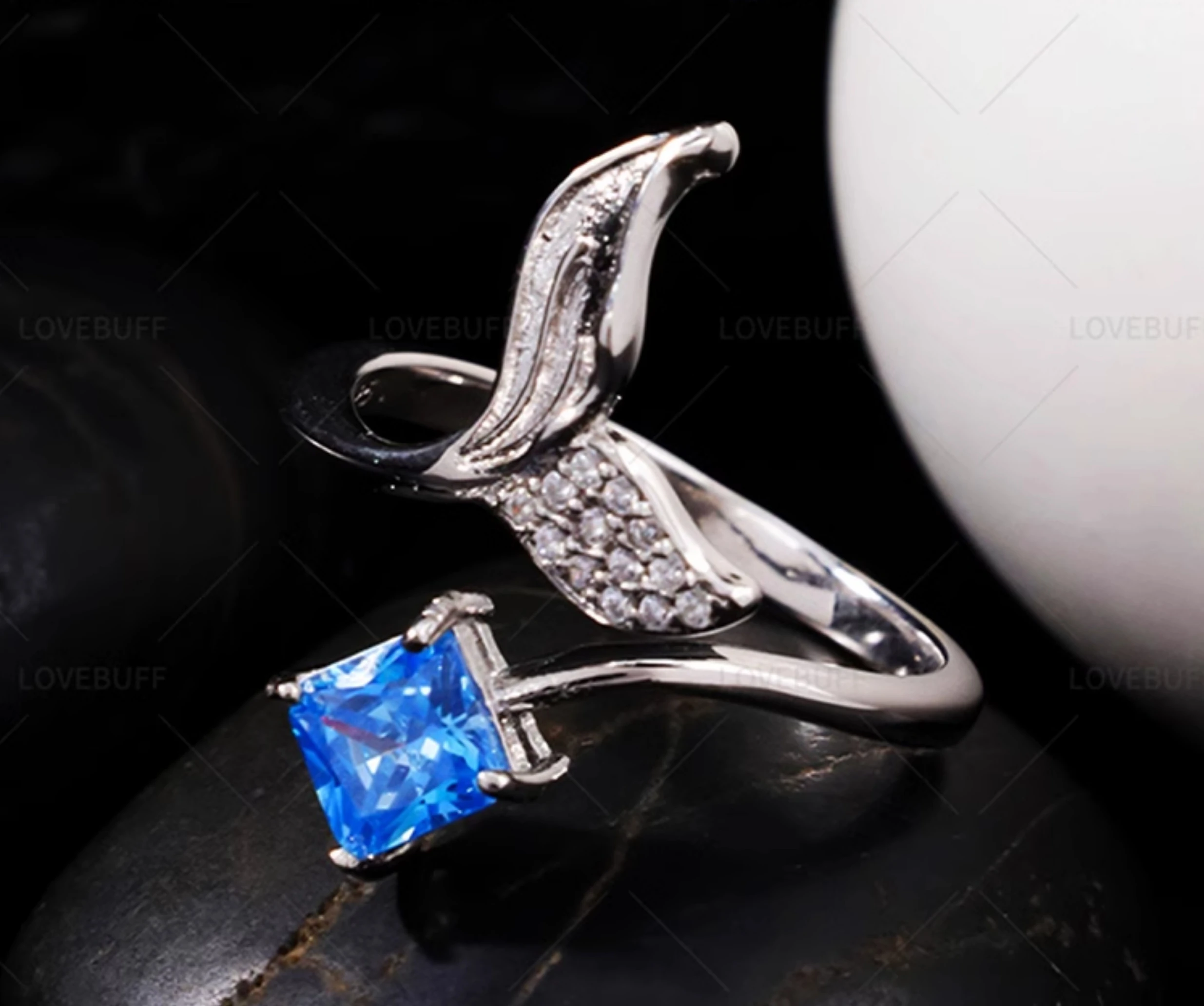 Liefde En Deepspace Cospaly Mode Fishtail Ring Accessoires 925 Zilver Zee Blauw Zirkoon Cadeau Anime