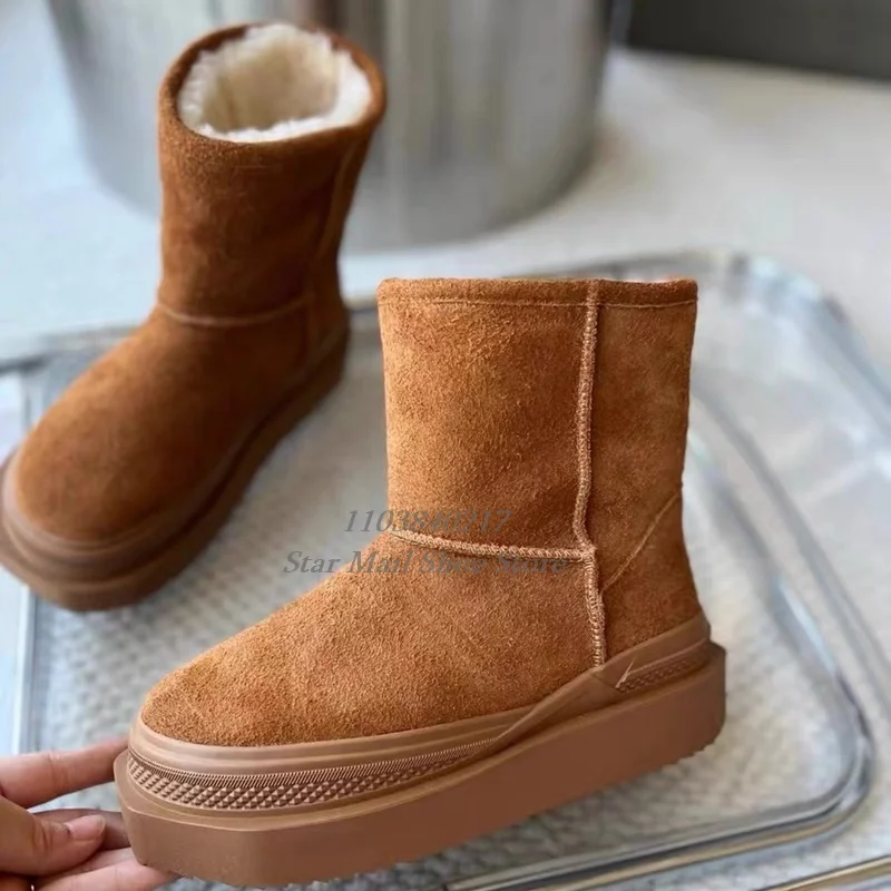 Botas de nieve versátiles para mujer, zapatos de algodón cálidos, antideslizantes, de media pantorrilla, de lana y cuero genuino, conciso, con plataforma, Invierno