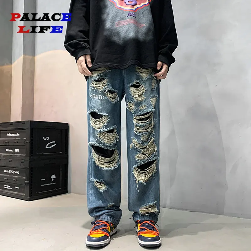 

High Street Ripped Jeans for Men y2k Clothing Denim Baggy Pants Straight Daily Wide Leg Trousers Spring and Autumn 2023