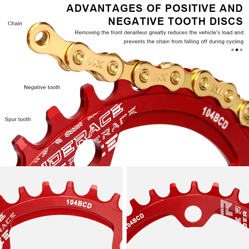 RIDERACE Bicycle Crank Chainring 104BCD Round Shape Narrow Wide 32T/34T/36T/38T Mountain Bike Crankset Chainwheel Single Plate