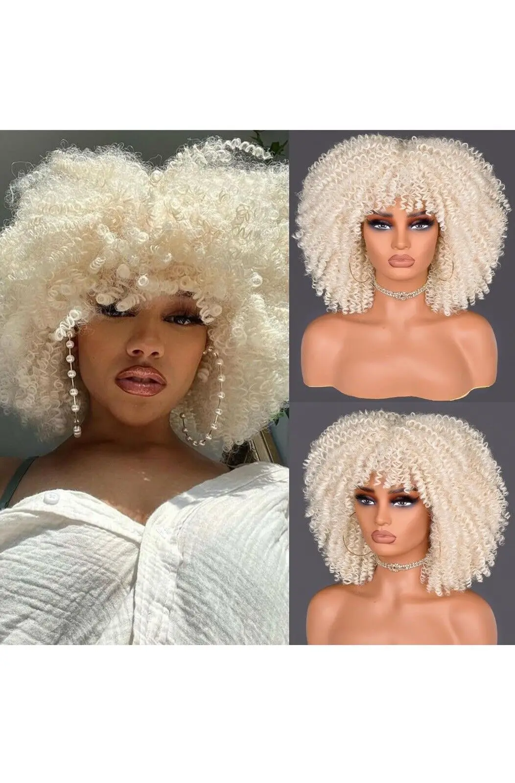

Curly Wigs for Black Women Short Kinky Curly Afro Wig with Bangs 14” White