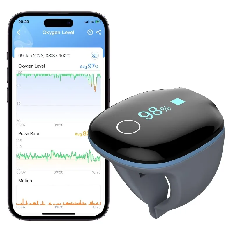 

O2Ring Oxygen Monitor with Vibration Reminder -Bluetooth O2 Pulse Oximeter Rechargeable, Continuous Recording