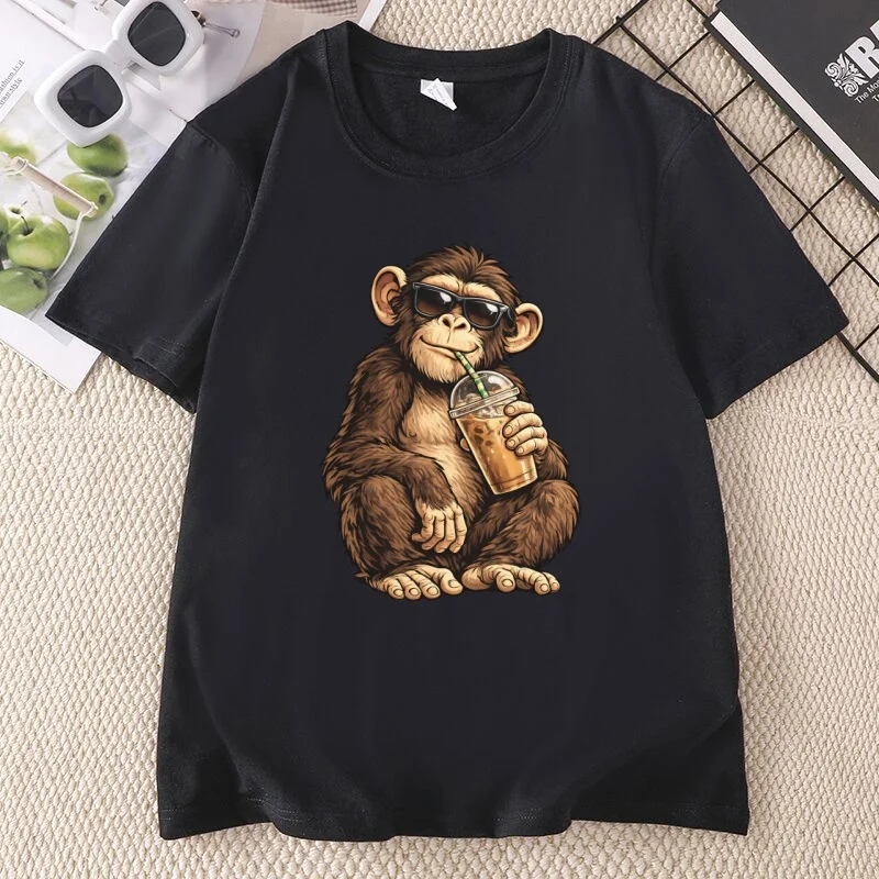 Funny Monkey Drinking Iced Coffee T Shirt Men Women Streetwear Animal Graphic T-Shirt Summer Short Sleeve Round Neck Tops