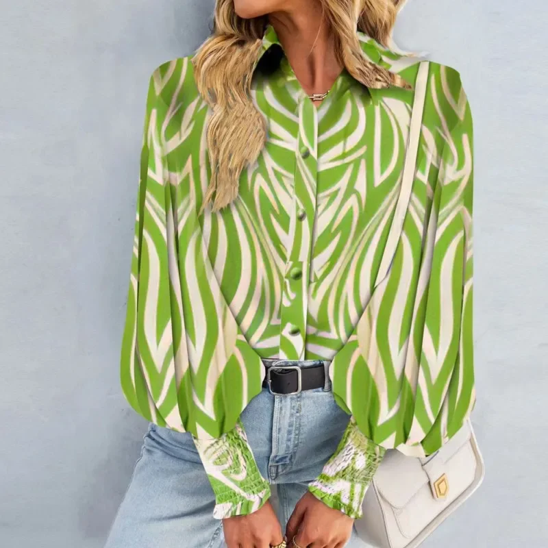 

Elegant Women Casual Shirt Commuting Floral Print Blouses Lantern Sleeve Turn-down Collar Single Breasted Lady Top Spring Autumn