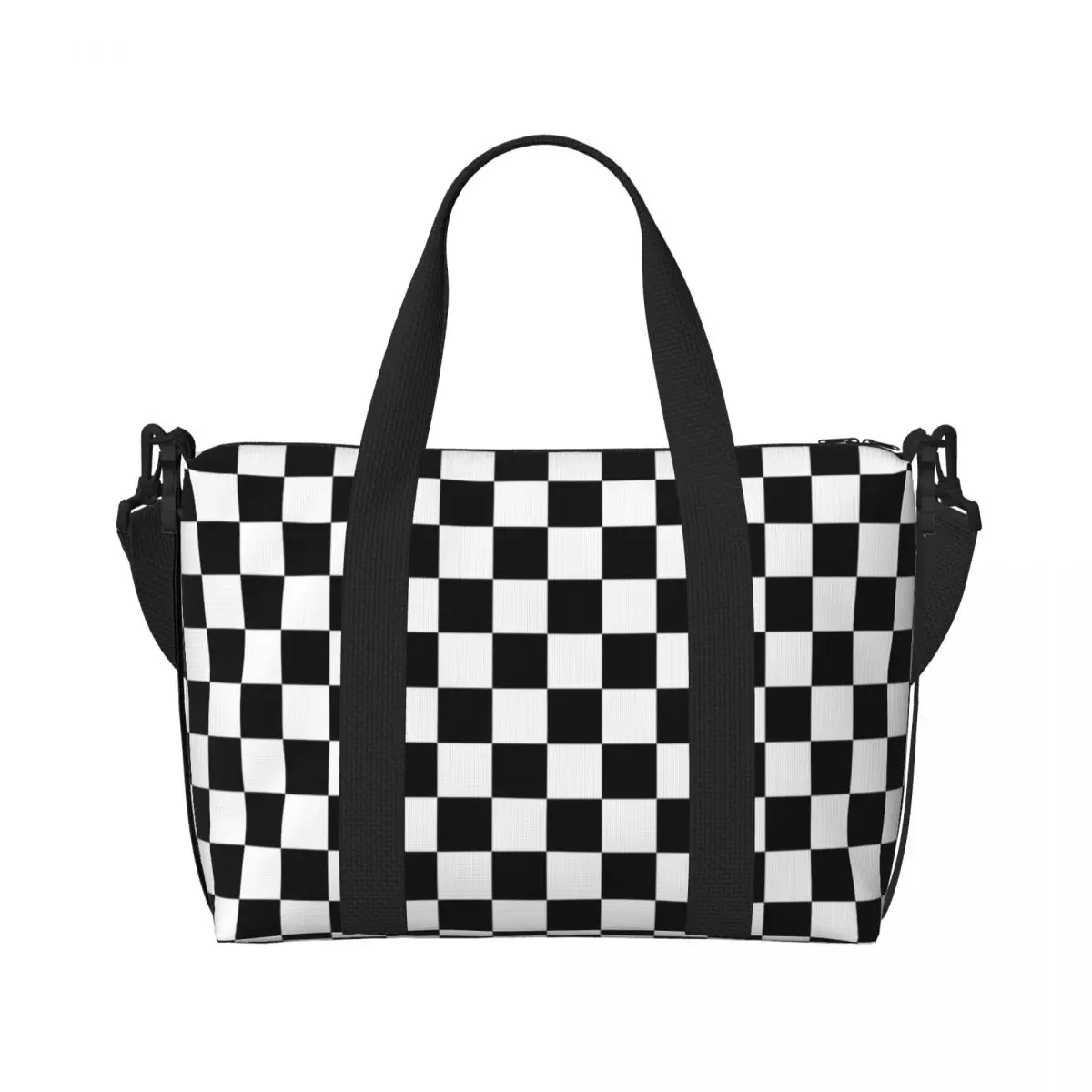 CUSTOM สีดําและสีขาว Checkerboard รูปแบบ Tote กระเป๋าผู้หญิงขนาดใหญ่ความจุเรขาคณิต Tartan Beach GYM กระเป๋าเดินทางไหล่