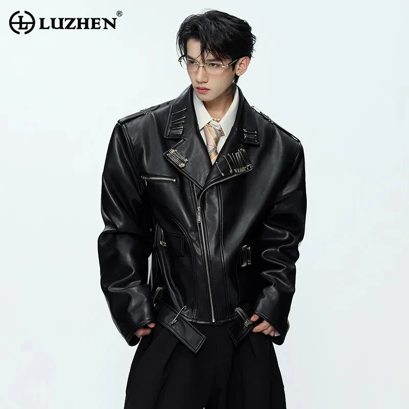 

LUZHEN стильная асимметричная наклонная молния с металлической булавкой и украшением, кожаное пальто, мужская осенняя куртка с вышивкой 2025, JY4008
