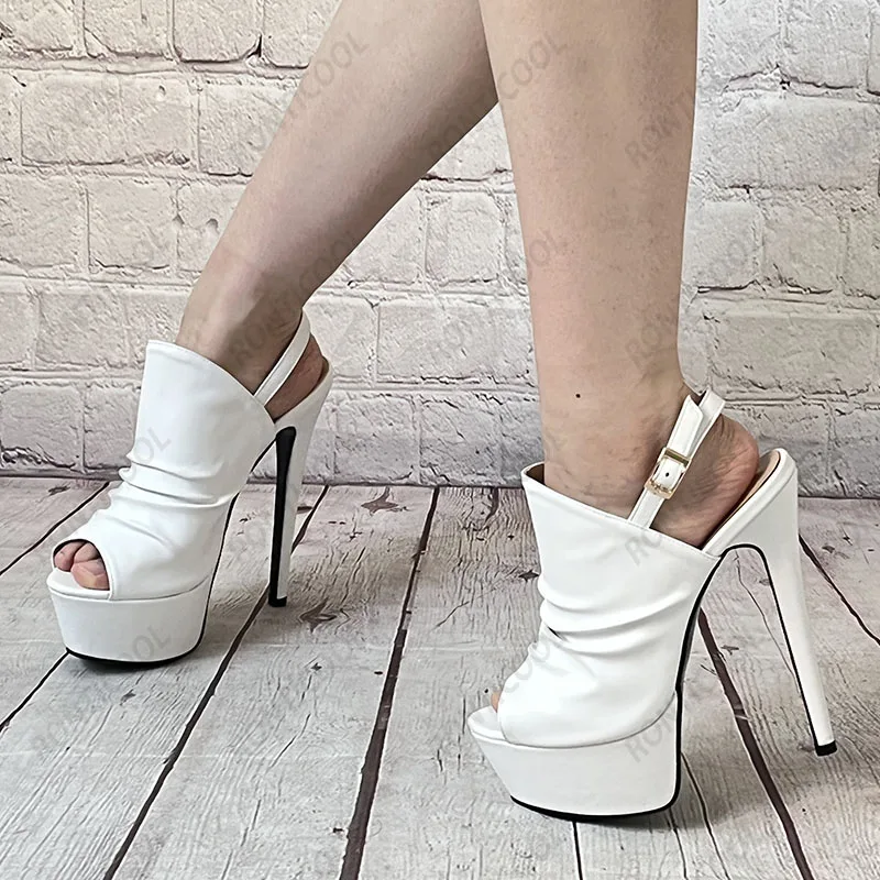 Ronticool Handmade Women Sandals Faux Leather Buckle Sexy Stiletto Heels Peep Toe Elegant Black Party Shoes Ladies US Size 5-20