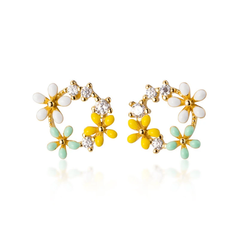 Modian Romantic Enamel Three Little Flower Stud Earrings for Women 925 Sterling Silver Dazzling Clear CZ Earring Luxury Jewelry