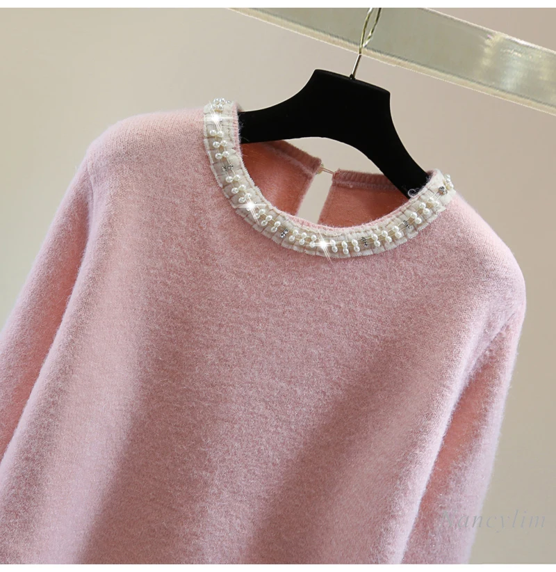 Chiffon Spliced Ruffle Edge Knitted Sweater Women Spring Winter Korean Bead-set Diamond Crew Neck Long-sleeved Sweater Pink Top