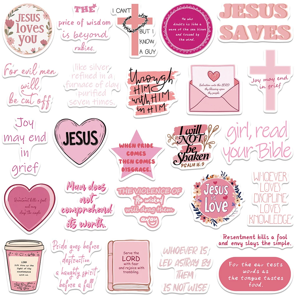 10/30/50pcs Cartoon Pink Bible Jesus Christ Stickers Waterproof DIY Notebook Suitcase Phone Aesthetic Graffiti Decals Decoration 6