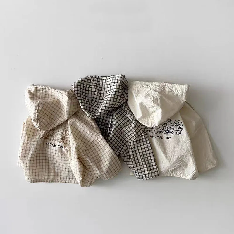 Baby Kids Thin Hooded Jacket Coat for Girls Boys Tops Clothes Children's Carton Bear Print Plaid Wind and Sun Protection Outwear