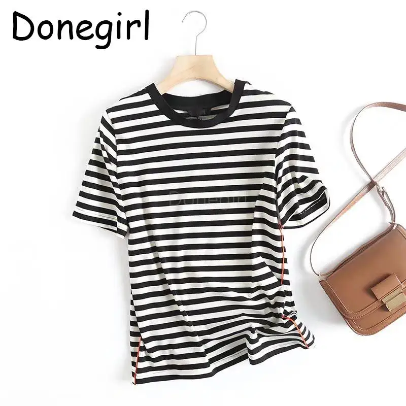 

Donegirl 2023 New Summer Women Fashion Round Neck Basic Striped Printed Short Sleeve T-shirt Simple Casual Versatile Tops Chic