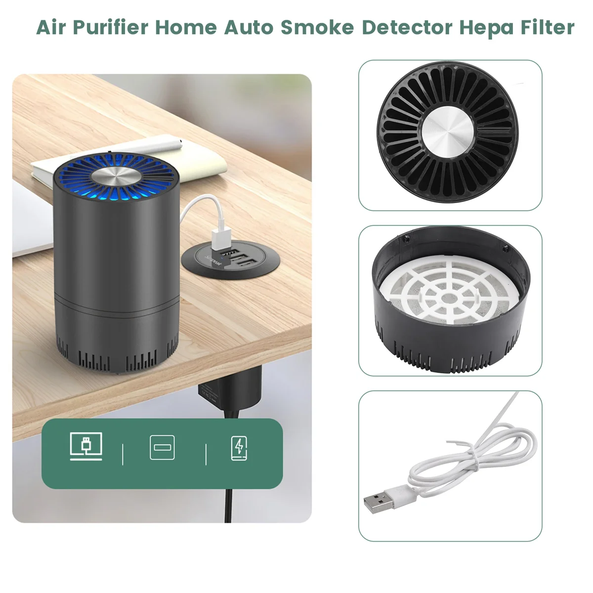 Purificateur d'air chaud maison détecteur de fumée automatique filtre Hepa purificateur d'air de voiture câble USB à faible bruit avec veilleuse bureau noir