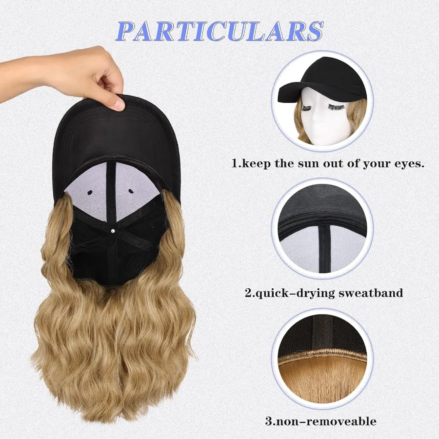 باروكة قبعة بيسبول صناعية قابلة للتعديل مع وصلات شعر مرفقة للنساء بنمط مموج قصير مقاس 14 بوصة مثالية للاستخدام اليومي