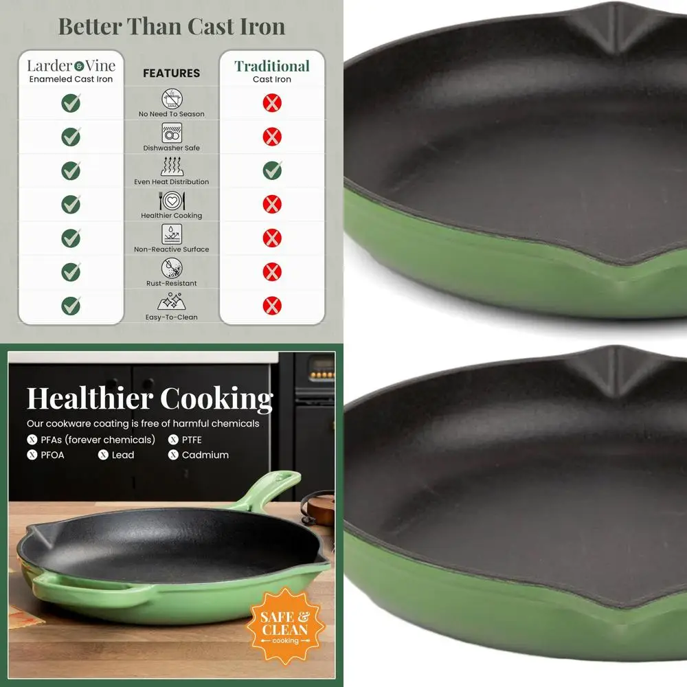 

10.25 Enamel-Covered Cast Iron Skillet with Pour Spouts, Oven-Safe to 500°F, Suitable for All Cooktops