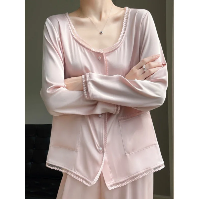 High End French Round Neck Pajamas For Women With Long Sleeves, Sweet Spring And Autumn Home Wear, Summer Pink Court Ice Silk Tw