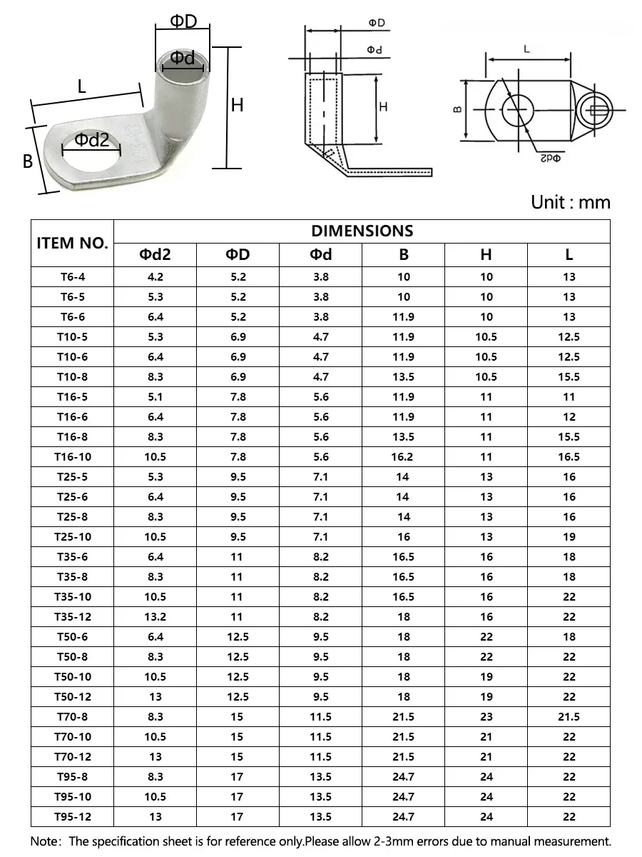 1~50pcs L-type Copper Wire Terminal Right Angle 90 Degree Bend Nose T35/50/70/95-6/8/10/12 Tinned Crimp Connector Cable Lugs