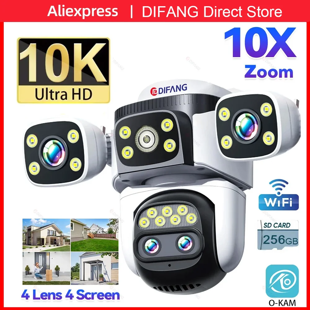 DIFANG Security 10K Outdoor Camera 10X Optical Zoom PTZ Four Lens Four Screen 20MP Waterproof Automatic Tracking Video Cam CCTV