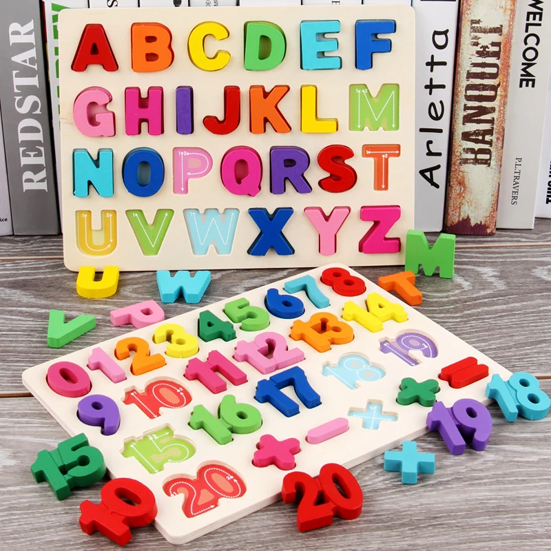 Toddlers Wooden Puzzle Montessori Baby Toys ABC Alphabet Number Shape Matching Board Game Preschool Educational Toy for Kids 2-4