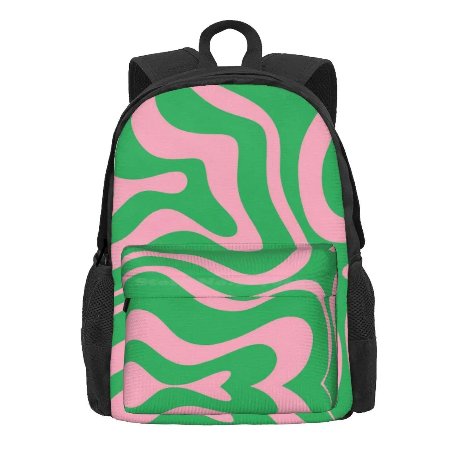 Retro Modern Liquid Swirl Abstract Pattern Square In Spring Green And Pink Hot Sale Schoolbag Backpack Fashion Bags Abstract