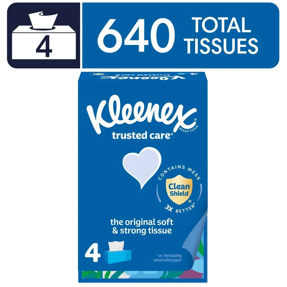 Trusted Care 2-Ply Facial Tissues 4 Flat Boxes 160 Sheets per Box Unscented Clean Shield Technology Strong Absorbent Non-Lotion
