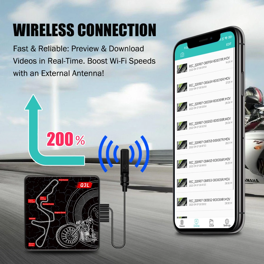 كاميرا VSYSTO Q3L صغيرة للدراجات النارية مع كاميرات مقاومة للماء أمامية وخلفية 1080 بكسل، تدعم WiFi 512 جيجابايت وتسجيل الحلقة #4