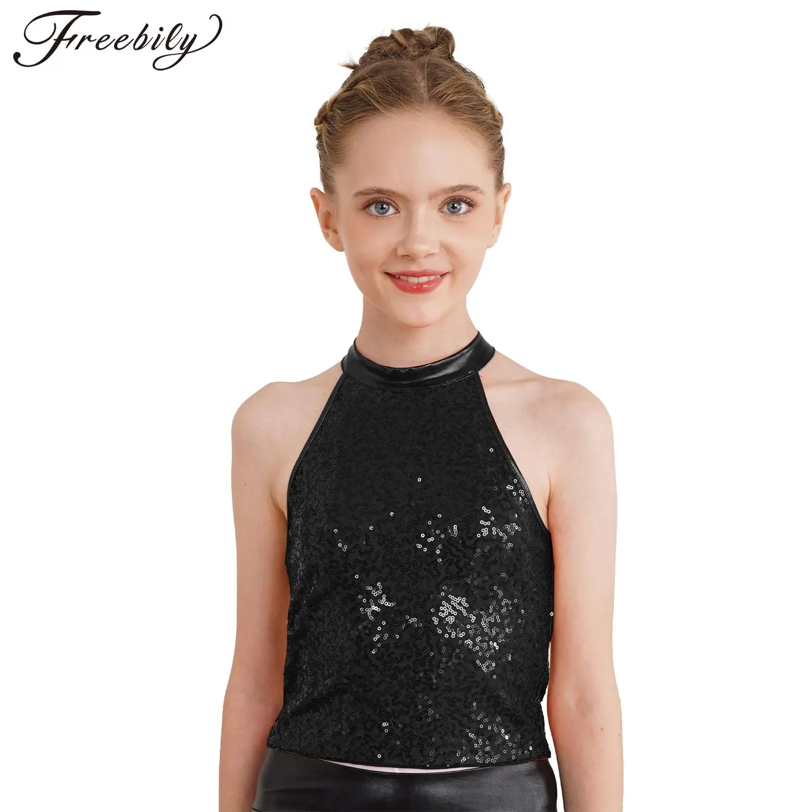 

Детский жилет без рукавов с открытой спиной и блестками для девочек, укороченный топ для джазовых танцев, черлидинга, гимнастики, костюм для выступлений, танцевальная одежда