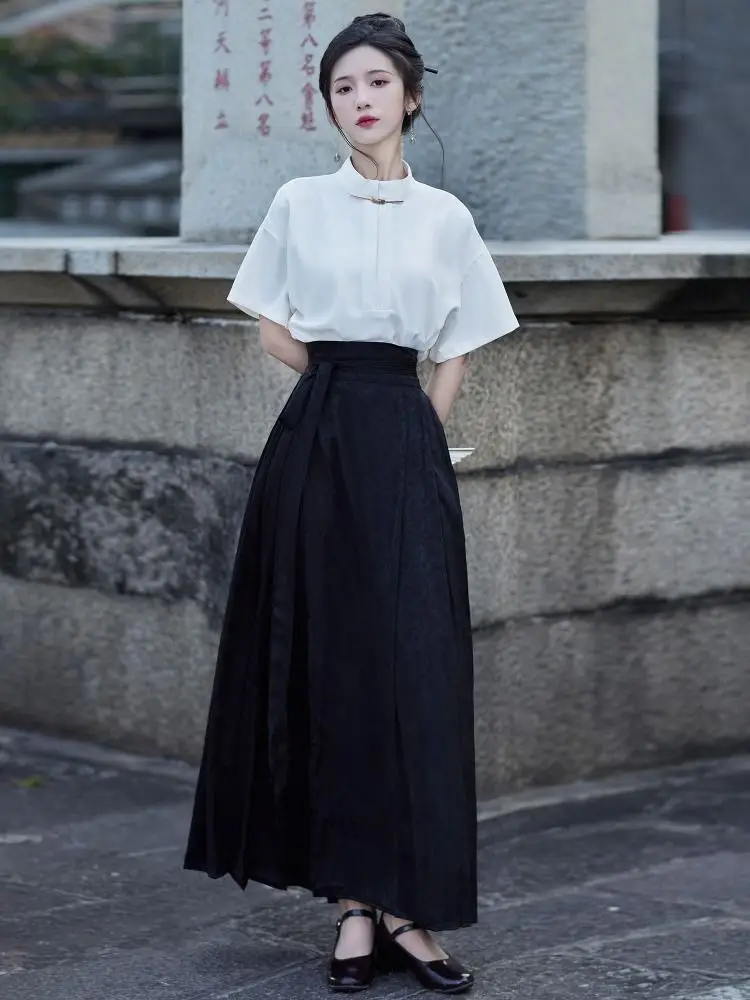 

Новый китайский комплект Hanfu с традиционным принтом, черная юбка с лицом лошади, белый топ Тан, винтажный классический женский элегантный Ципао Mamianqun