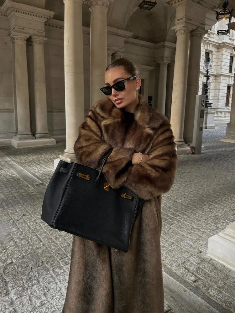 Chic Women Brown Warm Faux Fur Long Coats Elegant Lapel Single Breasted Thick Overcoats Autumn Winter Lady Commuting Outwears