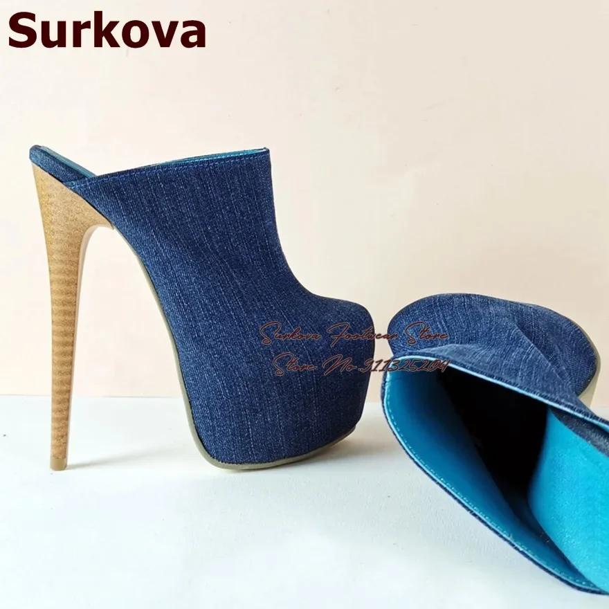 

Surkova/женские синие джинсовые сабо с деревянным узором в полоску на шпильке, современные тапочки, джинсы, модельные туфли без шнуровки на платформе, Прямая поставка