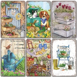 Garden Poster Vintage Metal Tin Signs Cute Cat Dog Floral Welcome Metal Plaque Wall Art Decor for Cafe Garden Living Room Home