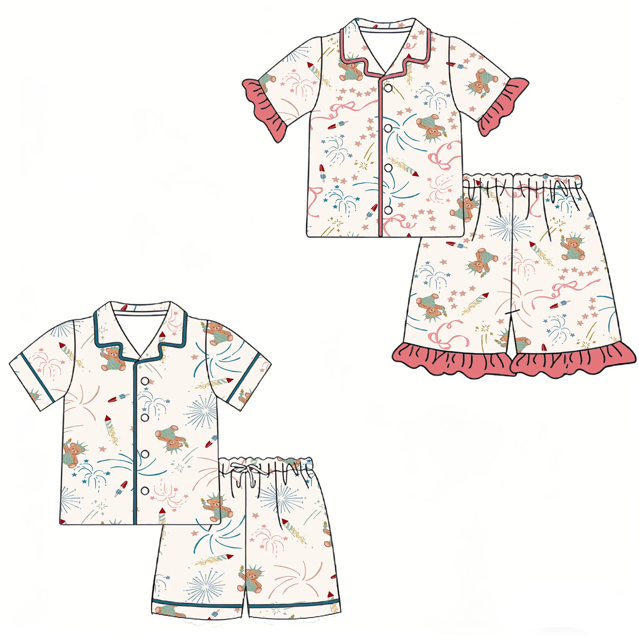 Children's set Independence Day collared button-down short-sleeved shirt and shorts boys' and girls' sizes wholesale
