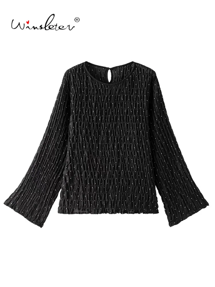 Winsleter-93%Silk 7%Spandex Shell Crepe Elegant T-Shirt, O Neck Dot Print, Women French Commute Top, 2026 Autumn New T68702CC