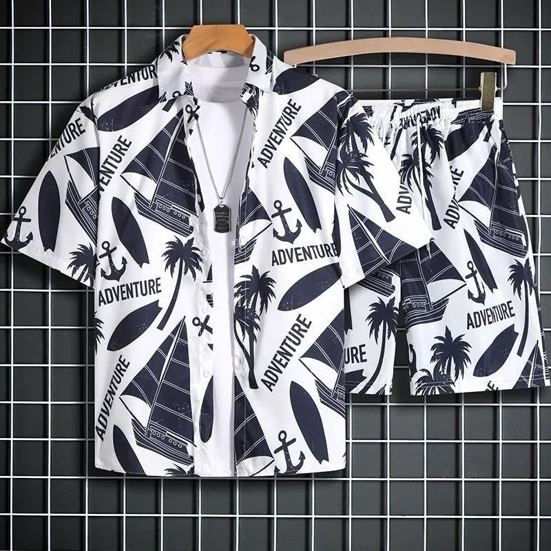 

Hawaii Handsome Men 2 Piece Sets Summer Short Sleeve Lapel Shirts and Shorts Fashion Black Sailboat Graphic Blouse Elastic Waist