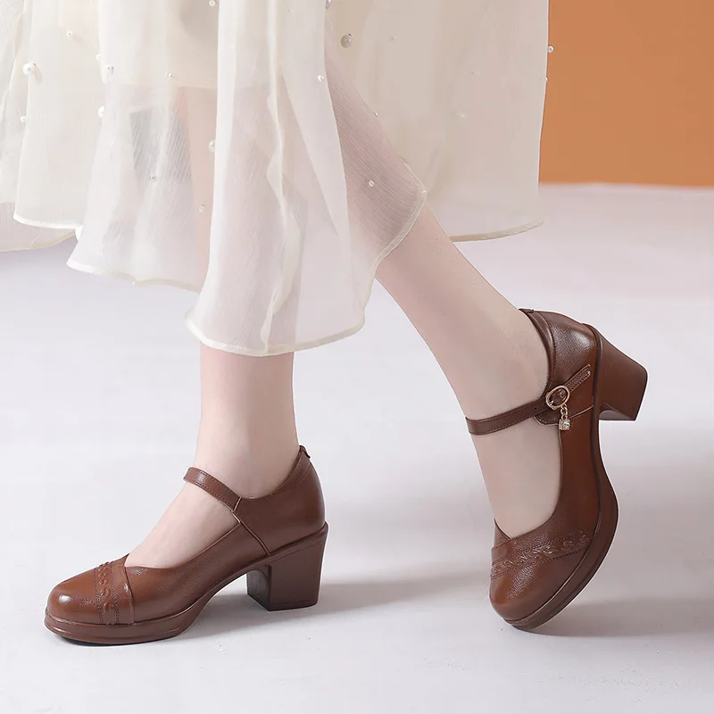 GKTINOO 2024 Fashion Women Pumps Mary Jane Thick Heels Genuine Leather Shoes Woman Spring Autumn Platform Office Ladies Shoes