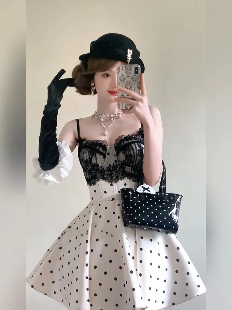 

Женское модное платье SYJ с кружевными вставками, в горошек, без бретелек, с завышенной талией, длинными рукавами и короткой длиной