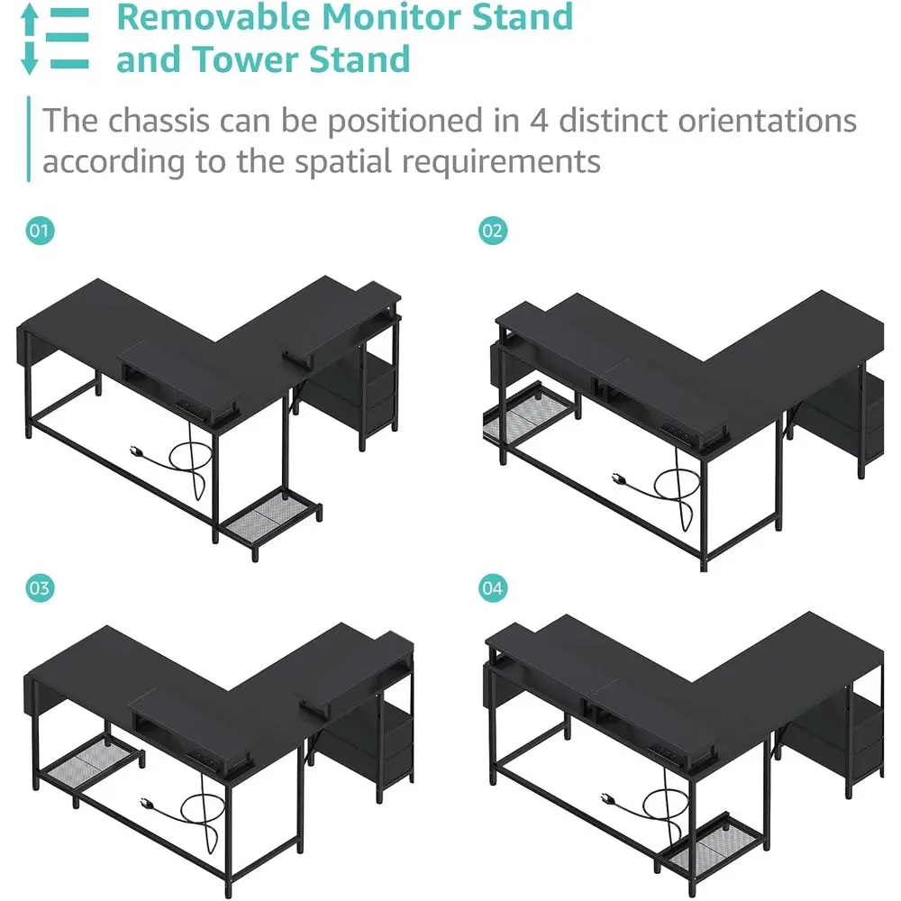 전원 콘센트가 있는 LED 조명 47 L자형 컴퓨터 책상, 모니터 스탠드와 패브릭 서랍이 있는 가정용 코너 사무실 책상, 블랙