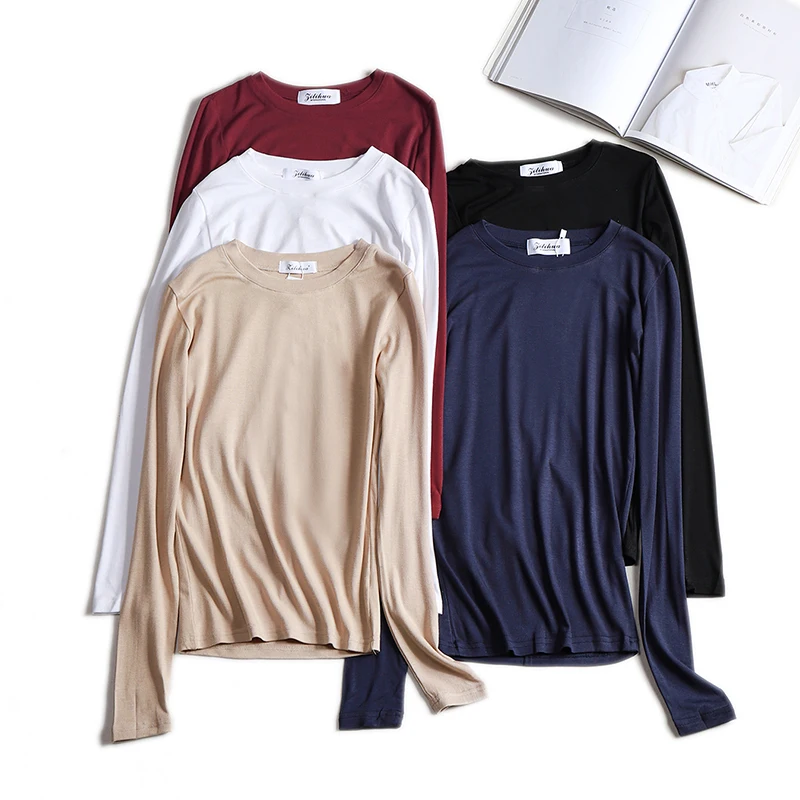 Hochwertige Elastische Basic Einfarbige Langarm-T-Shirts Schlichte Baumwoll-Damen-T-Shirts Lässige Oberteile Koreanischer Stil Dünnes O-Ausschnitt T-Shirt – Detail 6