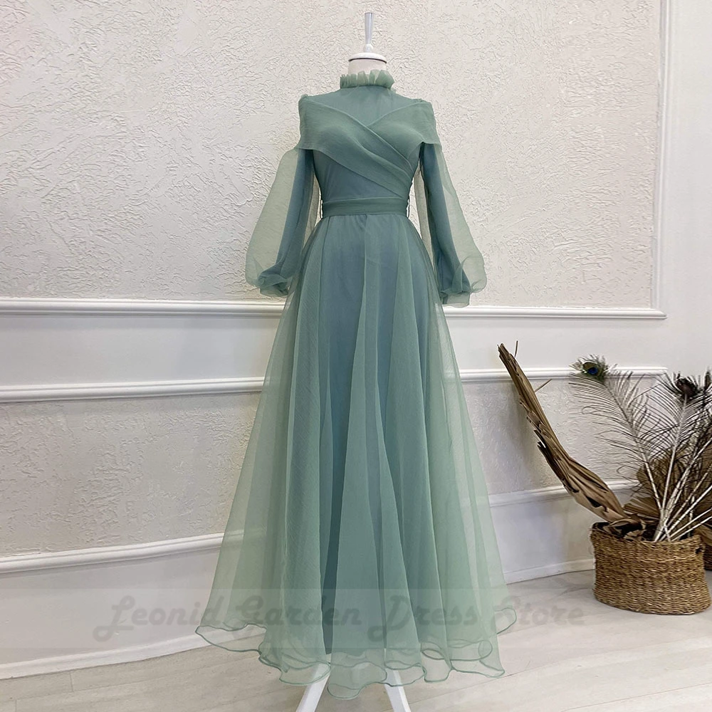 Vestido de baile muçulmano gola alta, vestidos de noite, elegante manga inchada, comprimento do chão, caftan marroquino, simples, verde