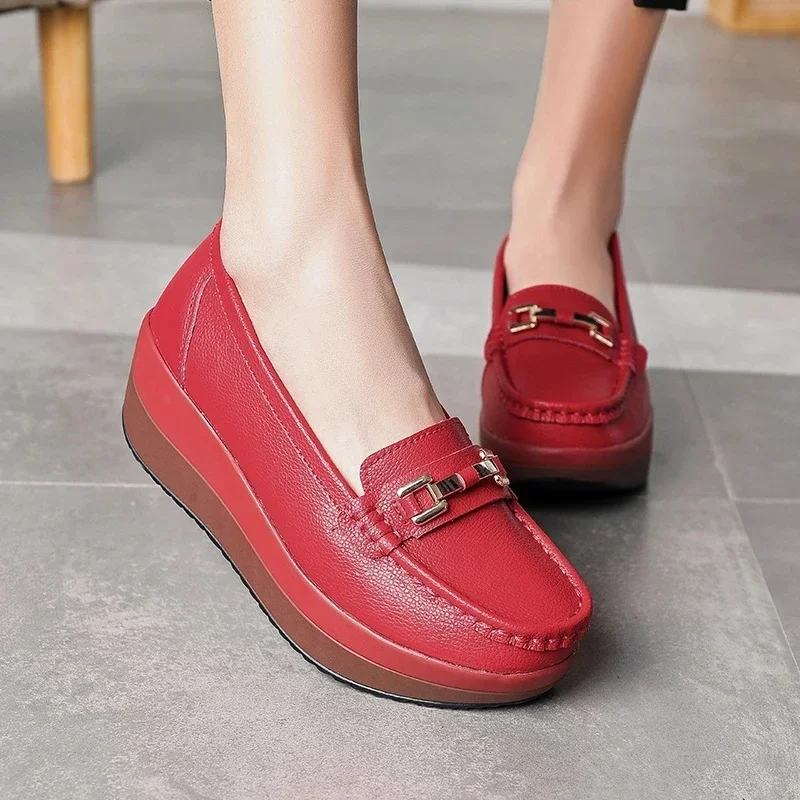 TIMETANG Women\'s Pumps Platform Loafers Genuine Leather Moccasins Shoes Woman Spring/Summer Female Slip On Casual Wedges Shoes
